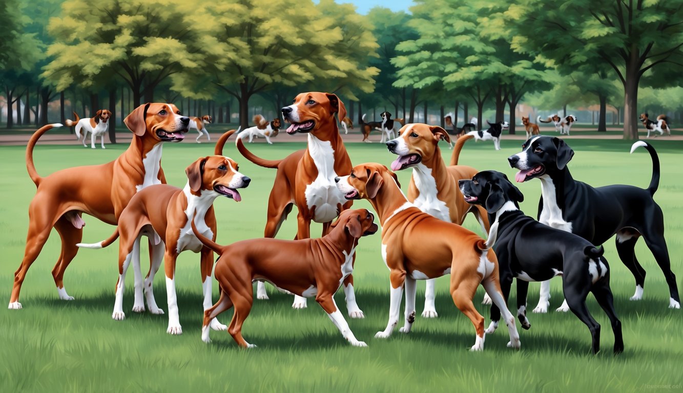A group of Basenjis of various colors and sizes gather in a park, their tails wagging as they play and interact with each other