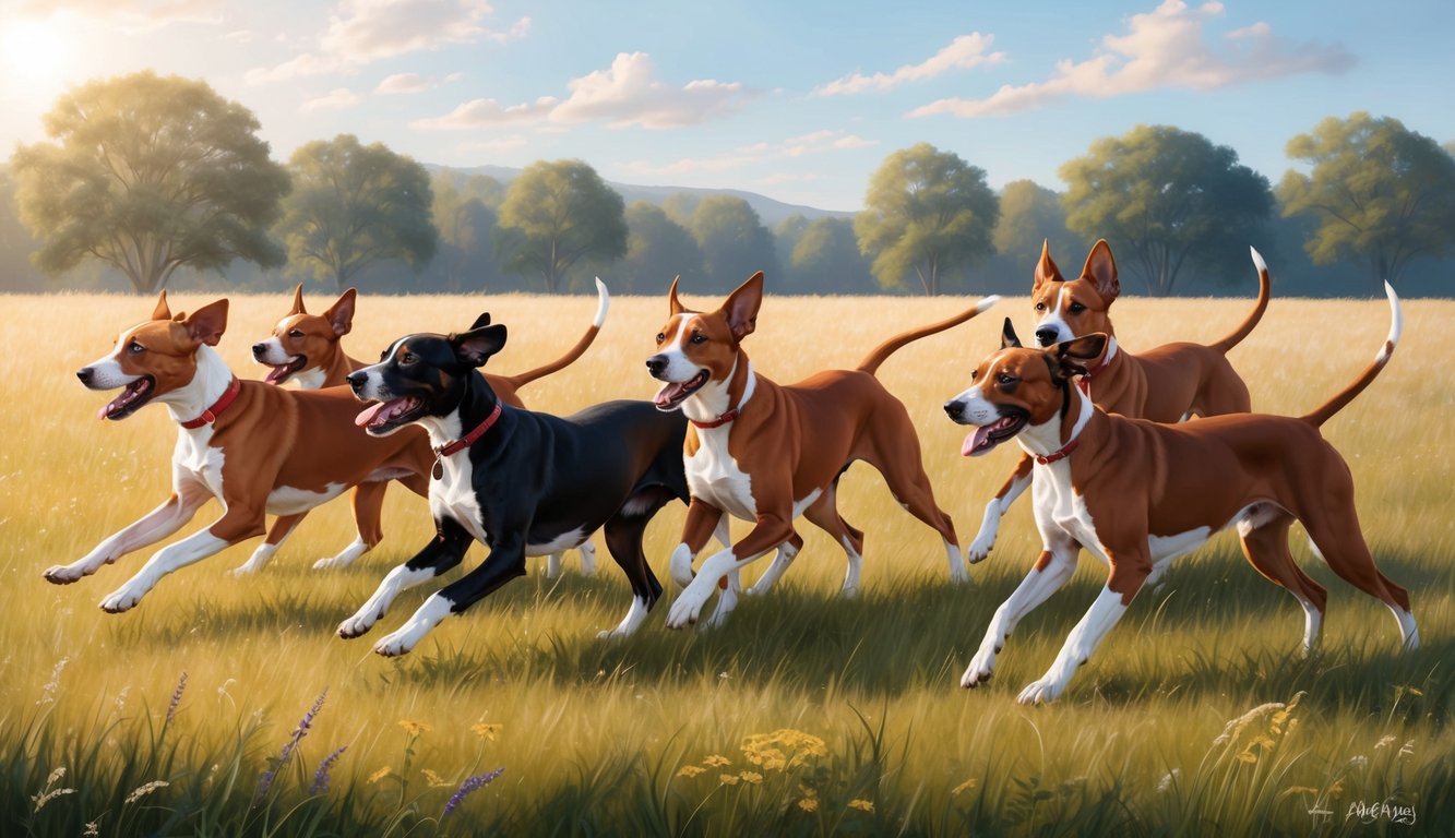 A pack of Basenjis playing in a sun-drenched meadow
