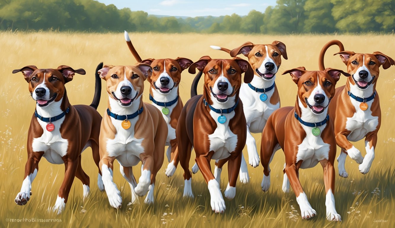 A pack of Basenjis frolic in a sun-dappled meadow, each with a unique name tag around their necks