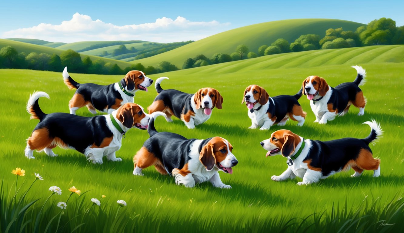 A group of Basset Artesien Normand dogs playfully exploring a lush, green meadow with rolling hills in the background