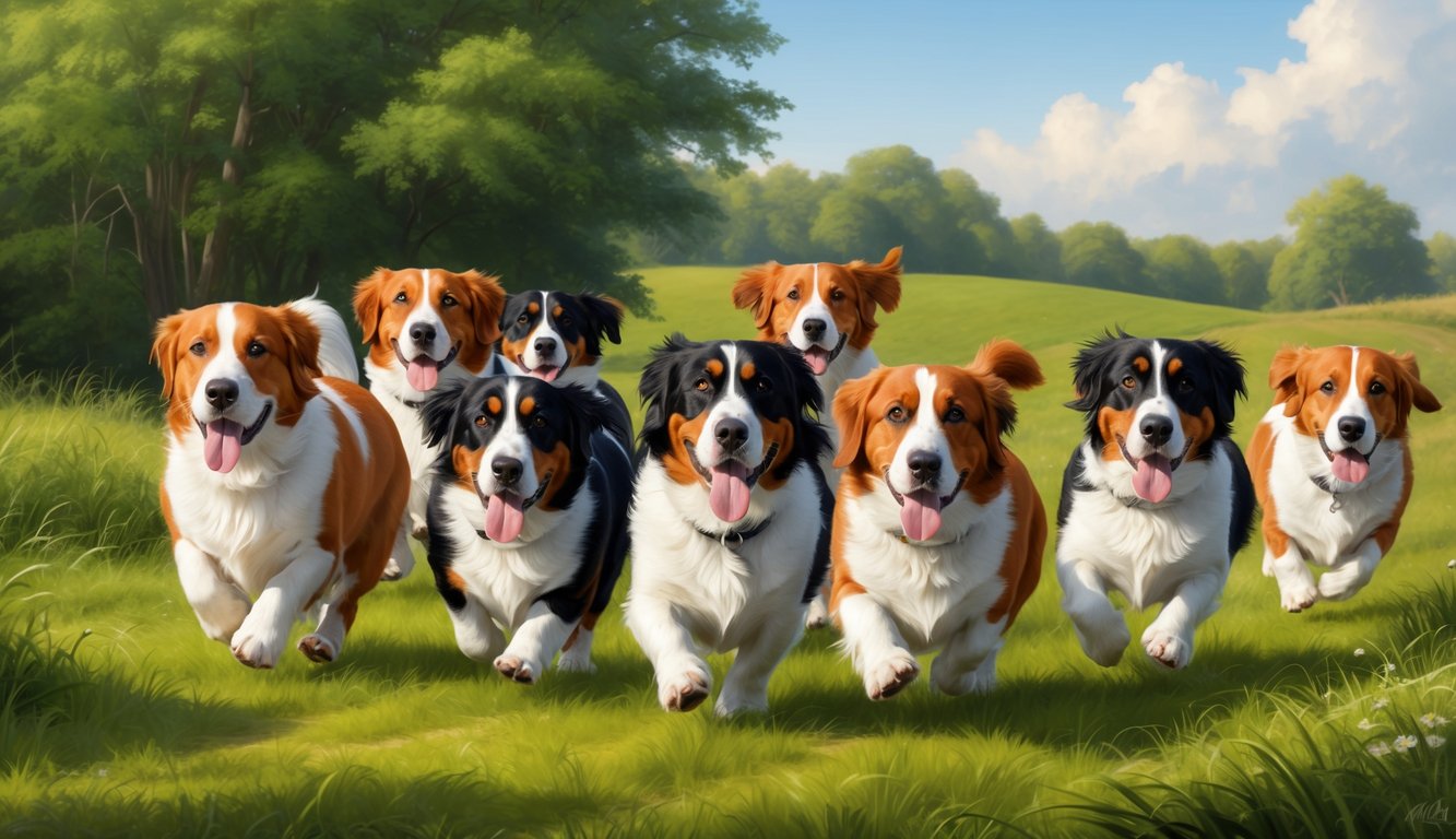 A pack of Basset Artesien Normand dogs running through a lush, green countryside