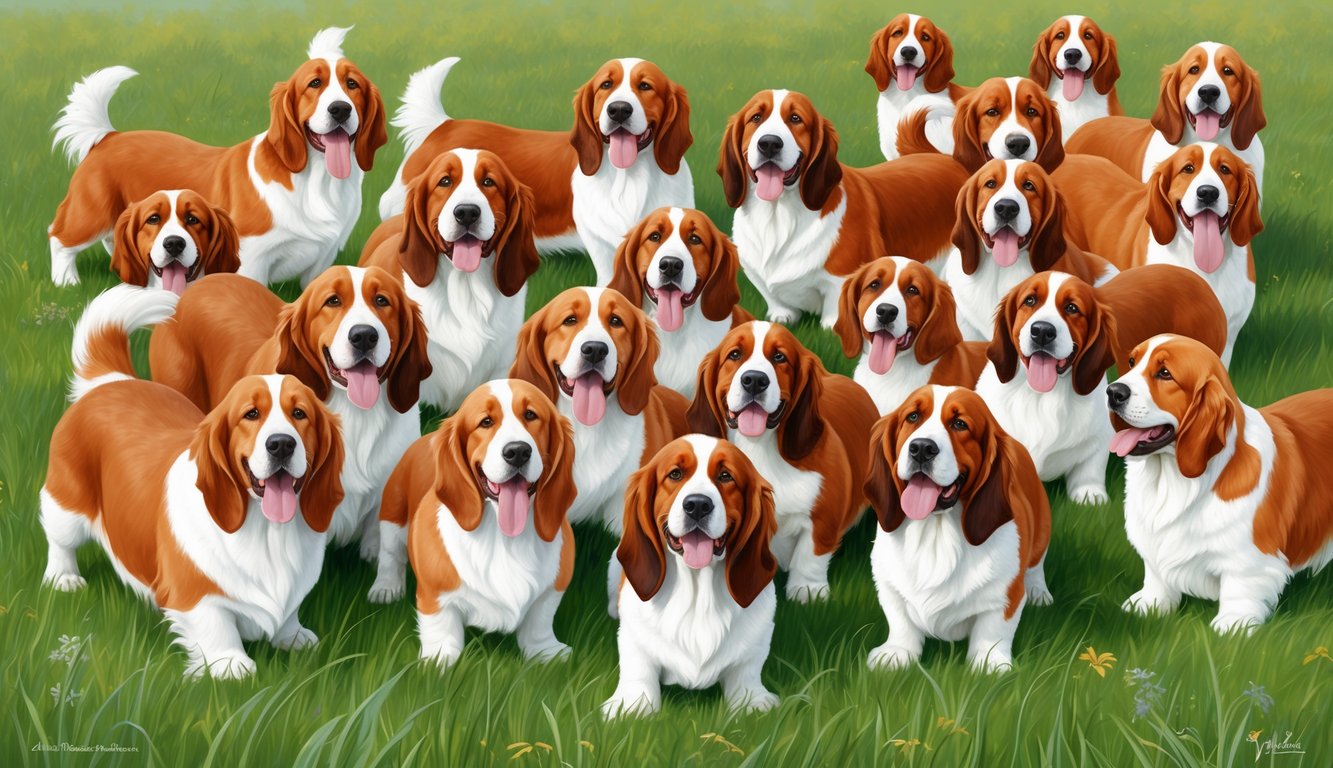 A group of 30 Basset Artesien Normand dogs playfully gathered in a grassy field