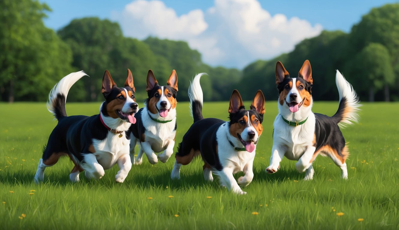 A pack of Basset Artesien Normands frolic in a lush green meadow, their long ears trailing behind them as they play