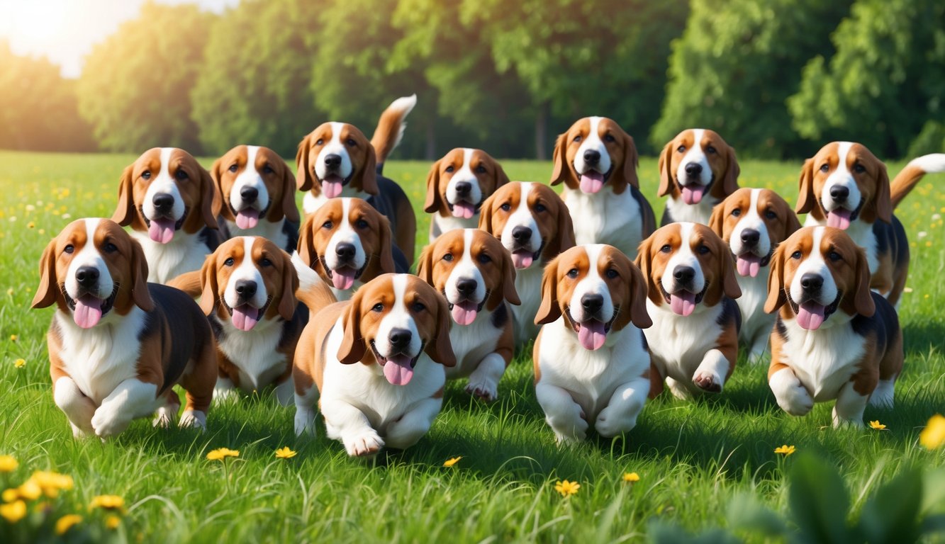 A group of 30 adorable Basset Artesien Normand dogs playfully frolic in a lush, green meadow under the warm sun