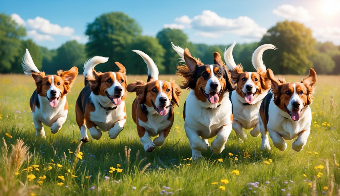 A pack of Basset Artesien Normand dogs frolics in a sun-dappled meadow, their long ears trailing behind as they playfully chase each other