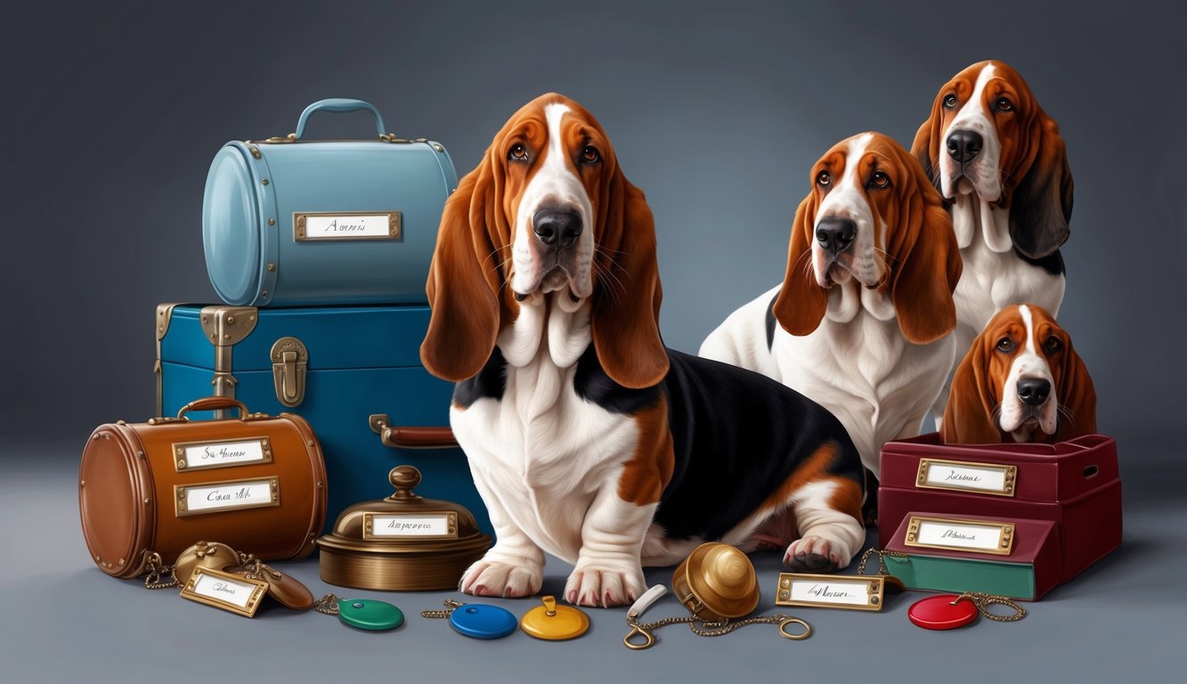 A basset hound surrounded by various objects with name tags