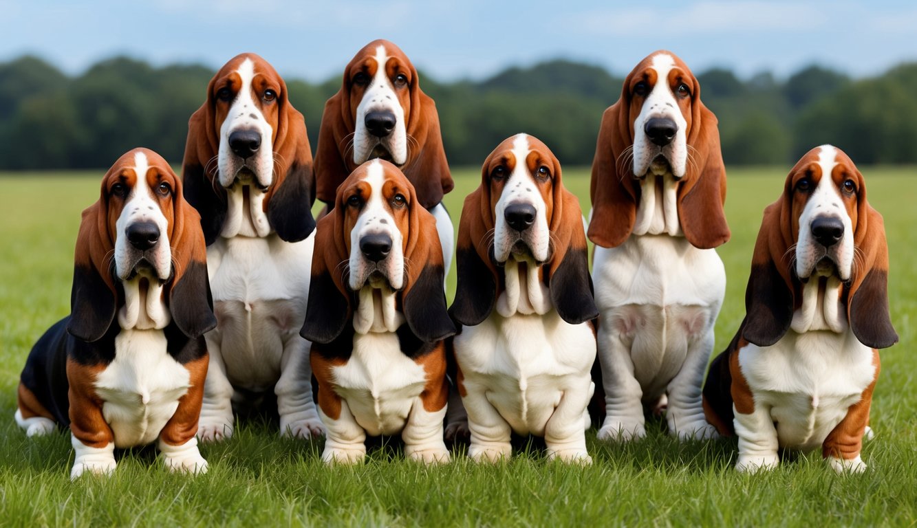 A group of basset hounds with unique markings and expressions, gathered in a grassy field