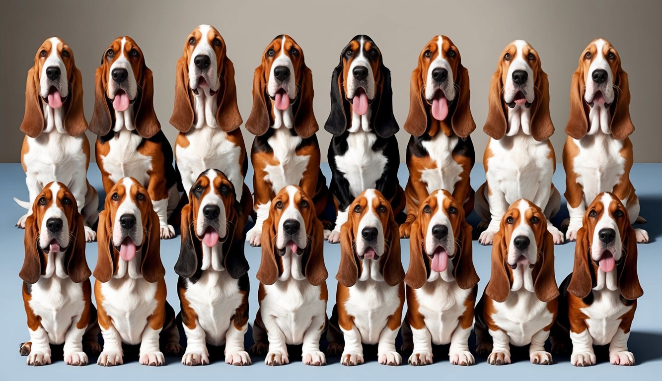 A group of 30 basset hounds of various colors and sizes, sitting in a row with their tongues out and tails wagging, eagerly awaiting their names to be called