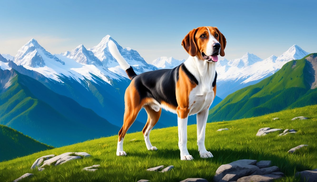 A Bavarian Mountain Hound stands proudly on a lush green mountainous terrain, with a backdrop of snow-capped peaks and a clear blue sky