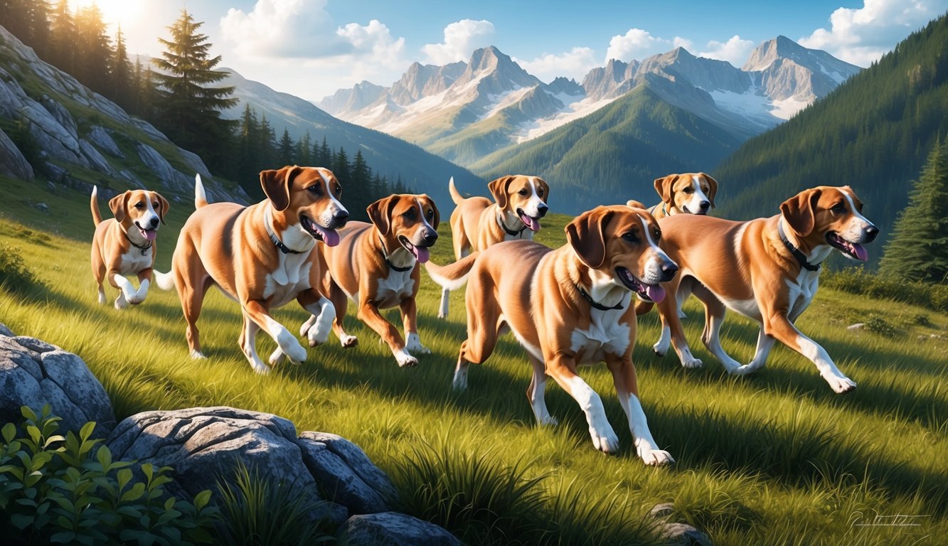A pack of Bavarian Mountain Hounds running through a lush mountain landscape, their coats glistening in the sunlight as they explore the rugged terrain