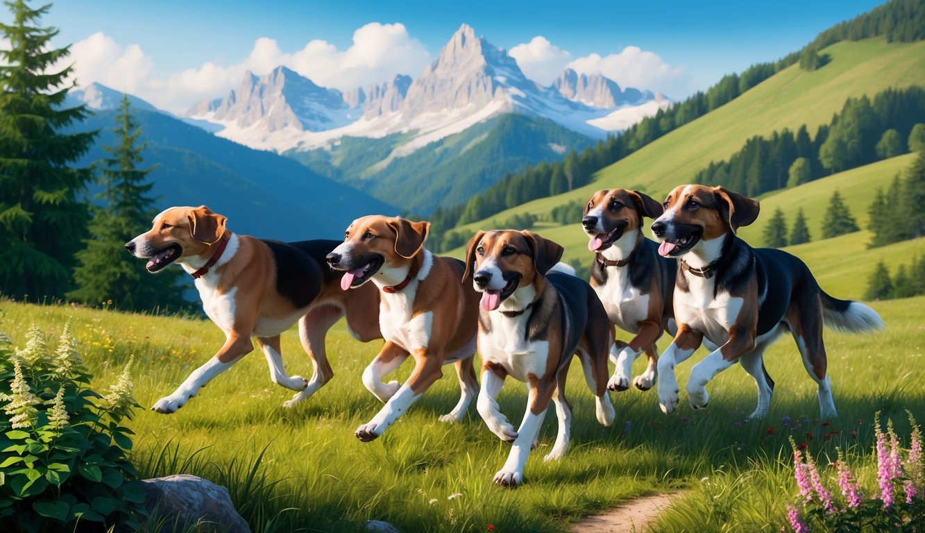 A pack of Bavarian Mountain Hounds running through a picturesque mountain landscape, with lush greenery and a clear blue sky in the background