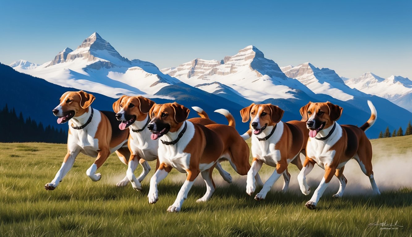 A group of Bavarian Mountain Hounds running through a scenic mountain landscape, with snow-capped peaks in the background and a clear blue sky above