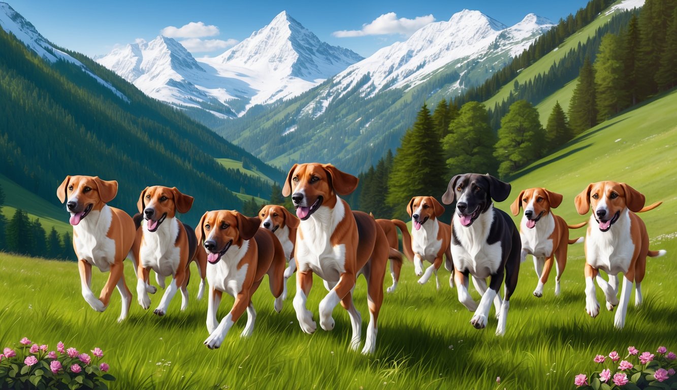A pack of Bavarian Mountain Hounds running through a lush, green mountain valley with snow-capped peaks in the background