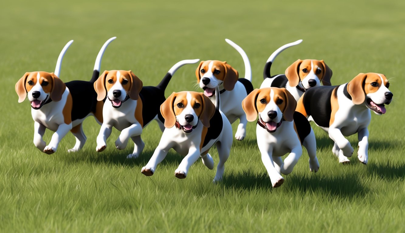 A group of beagles playfully chasing each other through a grassy field, their tails wagging happily as they enjoy the sunny day