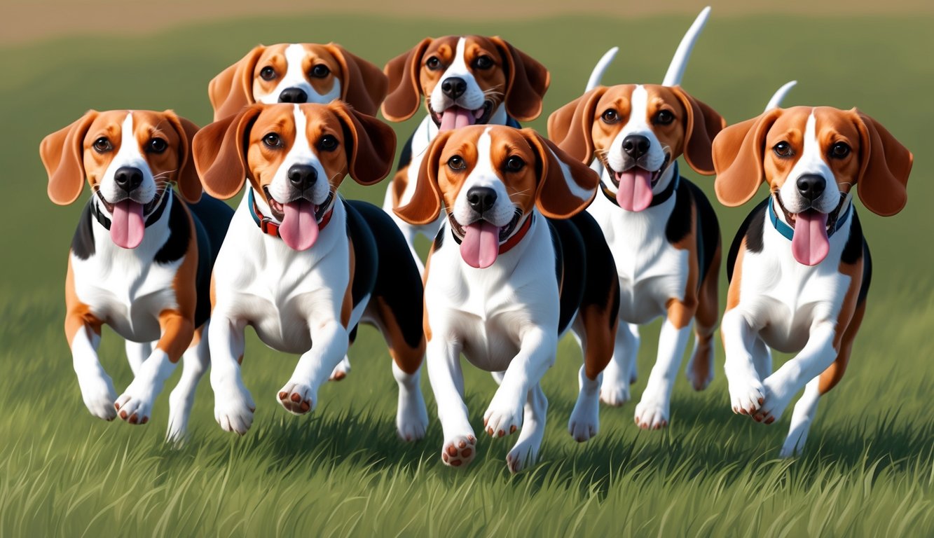A group of playful beagles of various colors and sizes, running through a grassy field with their tongues hanging out and ears flopping in the wind