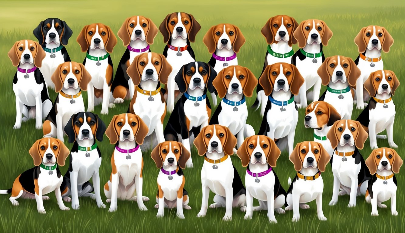 A group of 30 beagles of various colors and sizes gathered in a grassy field, each wearing a unique collar with their name on it