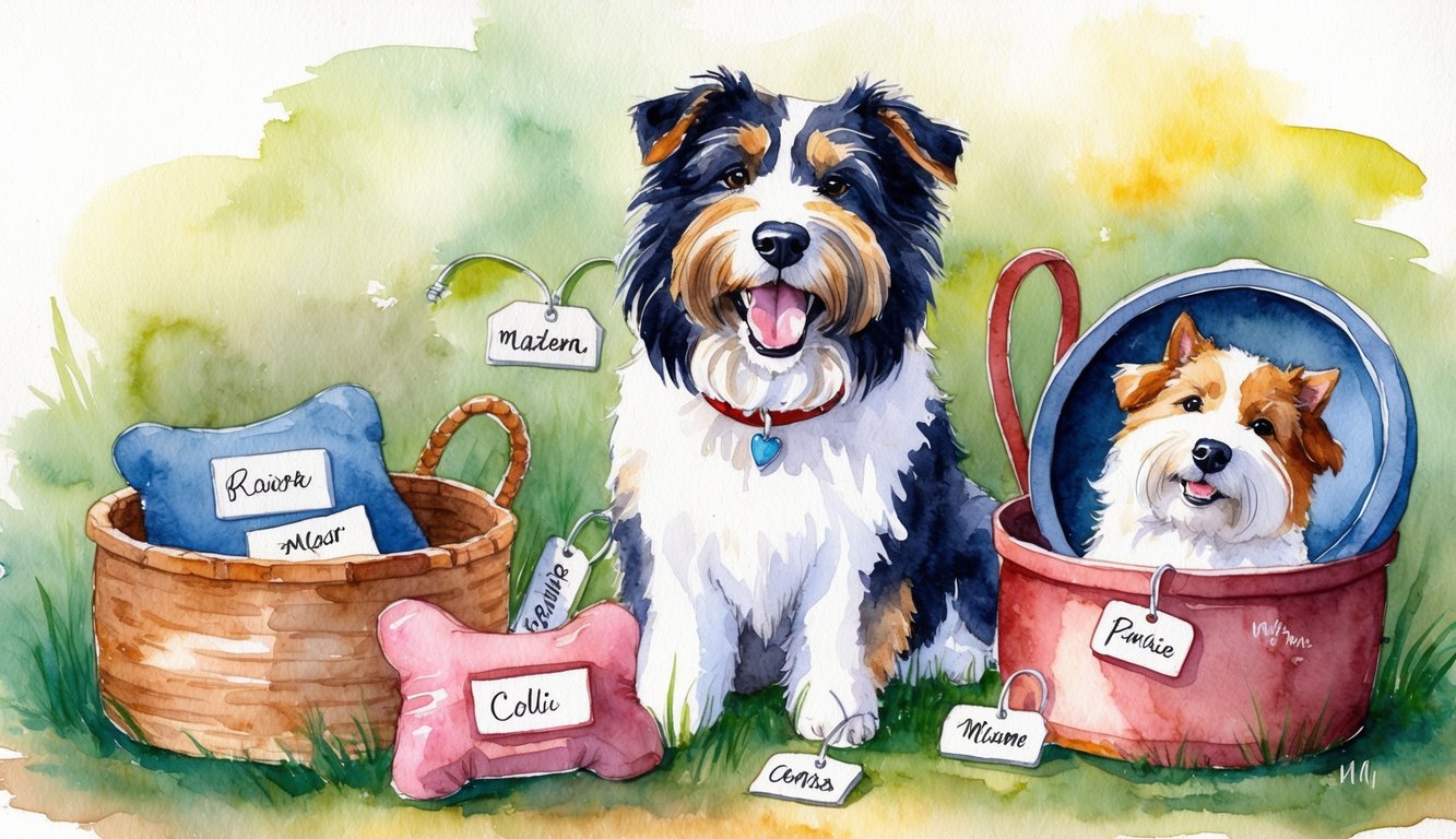 A happy Bearded Collie surrounded by various objects with name tags