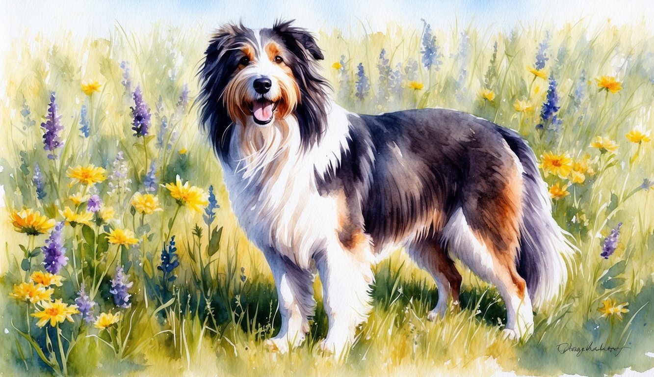 A Bearded Collie stands proudly amidst a field of wildflowers, its long, shaggy coat blowing in the breeze