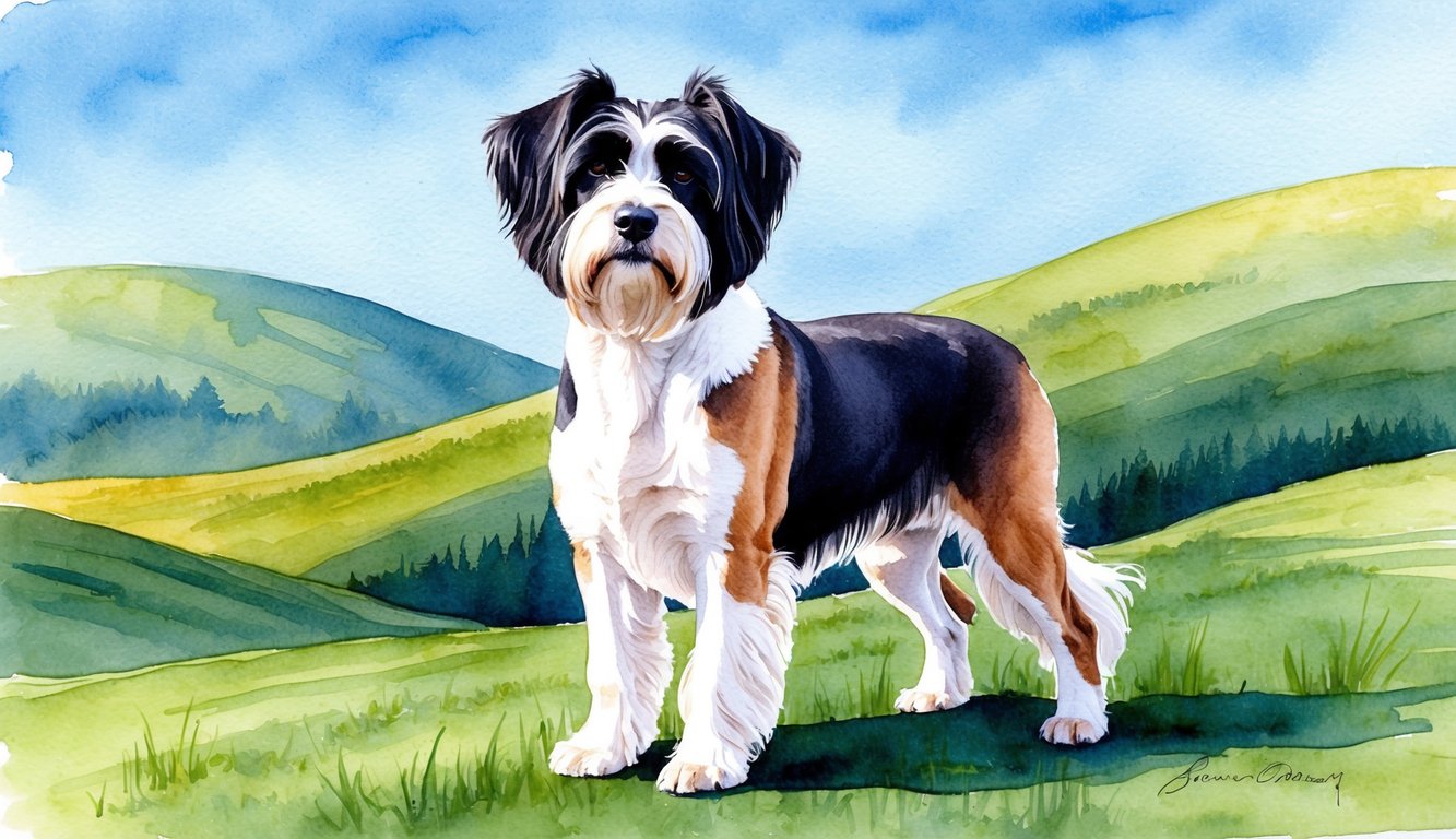 A Beauceron dog standing proudly with a regal expression, surrounded by rolling hills and a clear blue sky