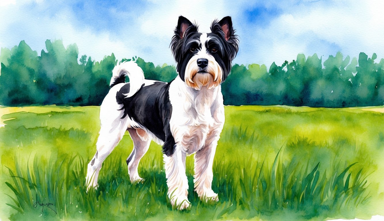 A Beauceron dog standing proudly with its head held high, surrounded by a lush green meadow and a clear blue sky