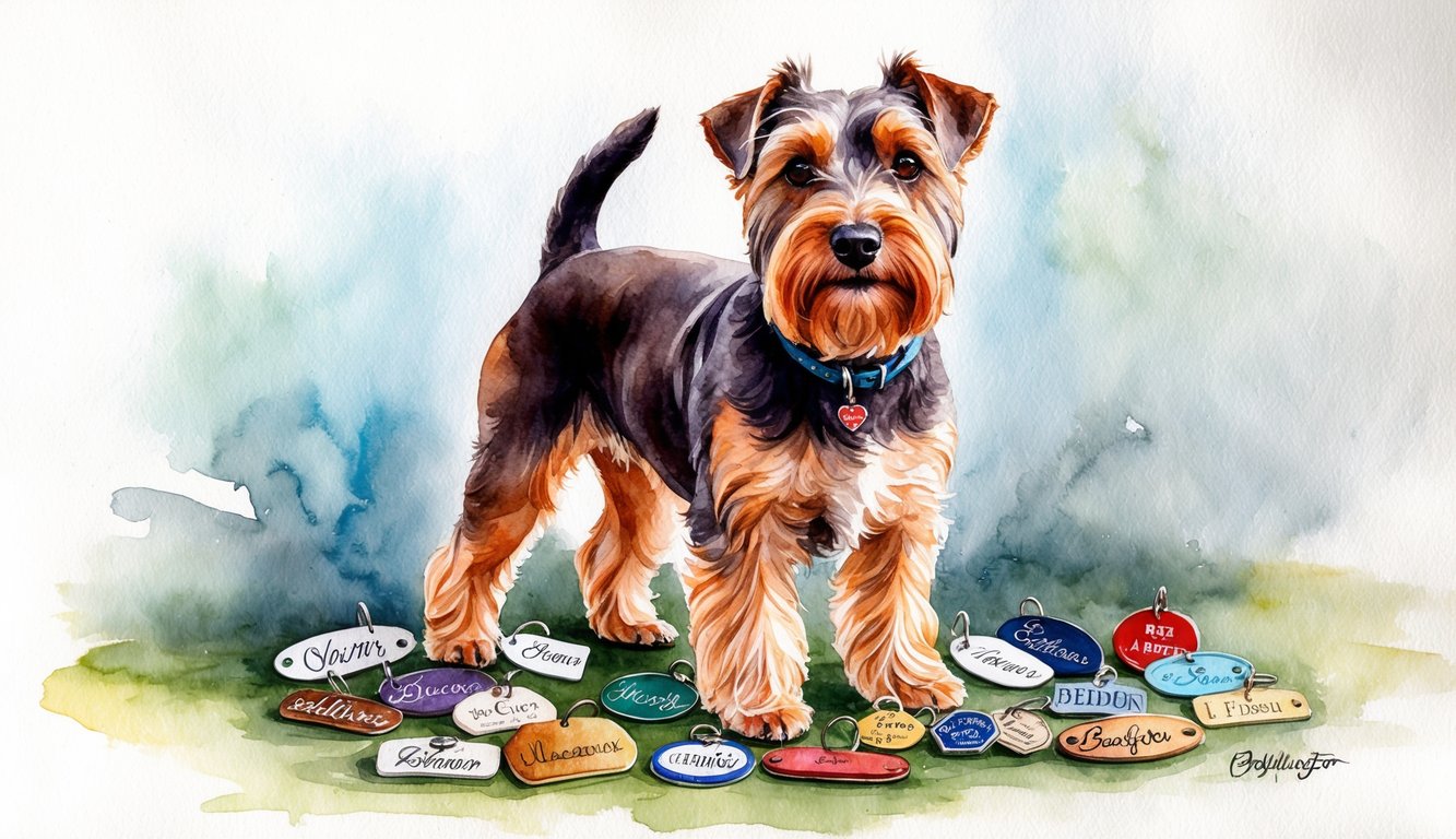 A Bedlington Terrier standing proudly with a collection of unique name tags scattered around it