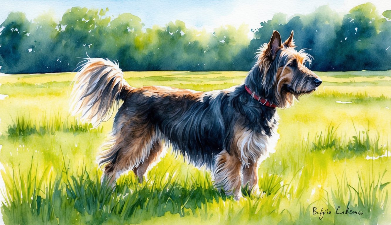 A Belgian Laekenois stands proudly in a lush green meadow, its long, tousled coat catching the sunlight as it gazes off into the distance