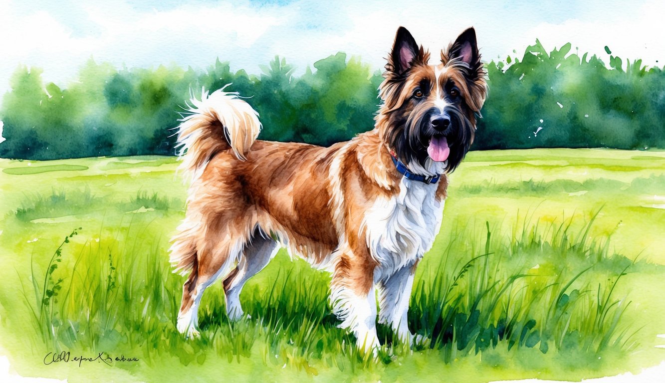A Belgian Laekenois dog standing proudly in a lush green field, with its fur blowing gently in the breeze