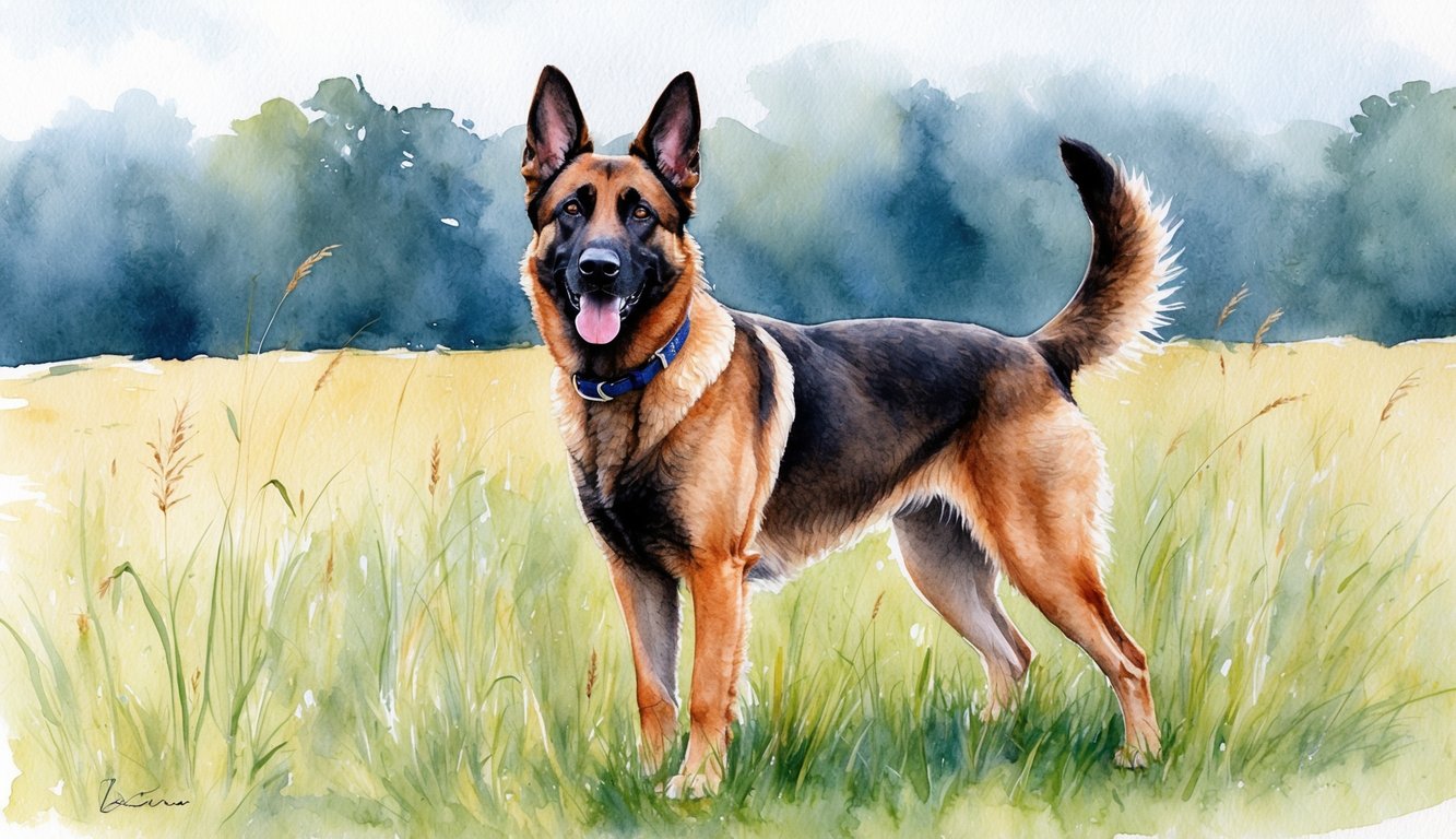 A Belgian Malinois stands proudly in a grassy field, ears alert and tail wagging