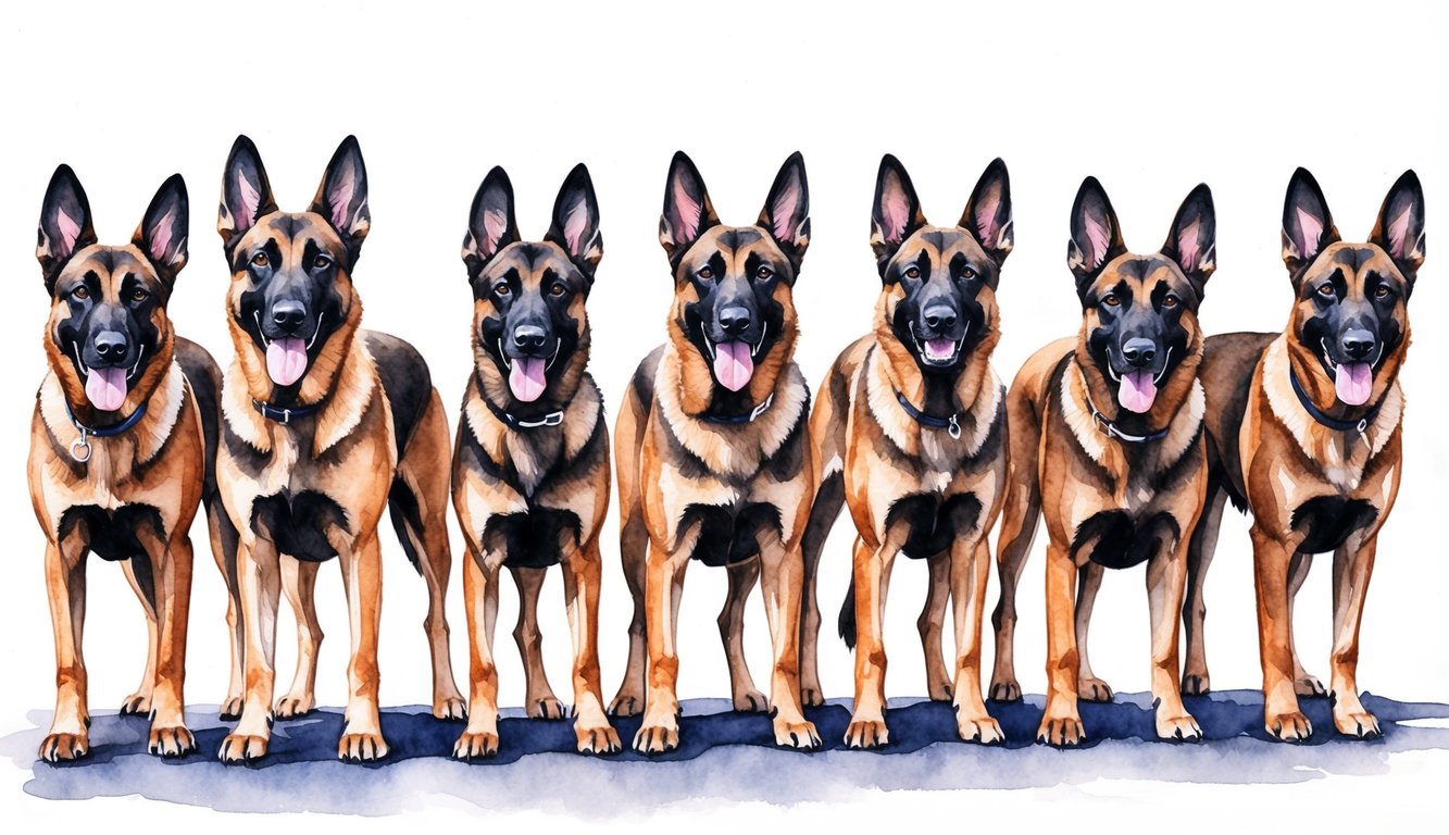 A group of Belgian Malinois dogs standing in a row, each looking alert and eager, with their ears perked up and tails wagging