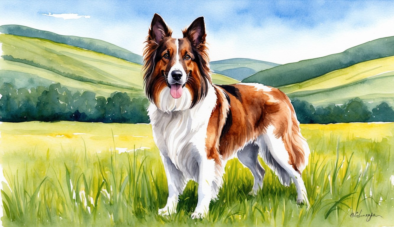 A Belgian Shepherd Groenendael standing proudly in a grassy field with a backdrop of rolling hills and a clear blue sky