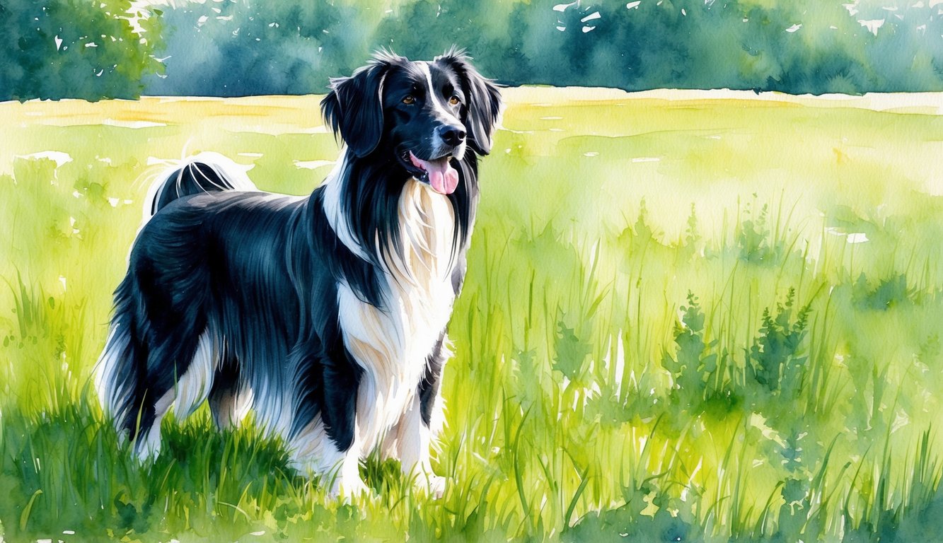 A majestic Belgian Shepherd Groenendael standing proudly in a lush, green meadow, with its long, flowing black coat catching the sunlight