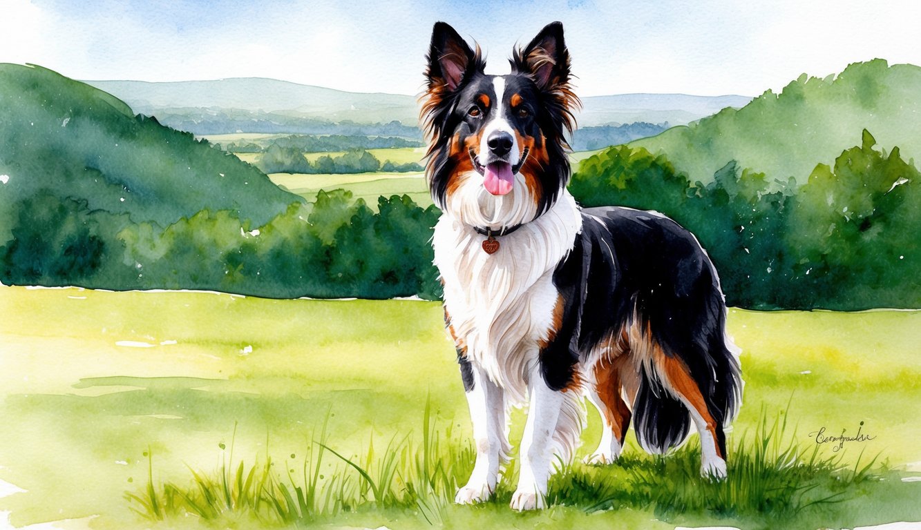 A Belgian Shepherd Groenendael standing proudly with a lush, green landscape in the background