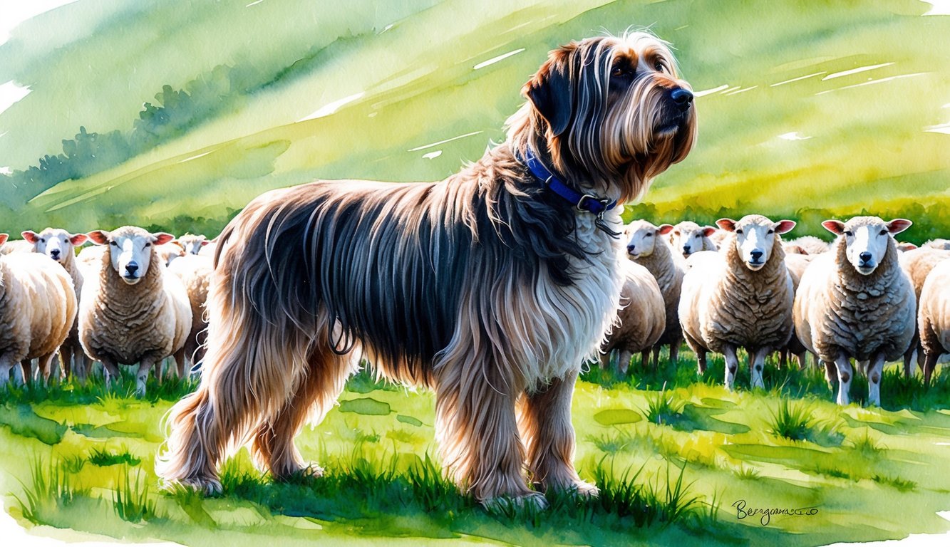 A Bergamasco sheepdog stands proudly in a lush green field, its long, matted fur flowing in the breeze as it watches over a flock of sheep