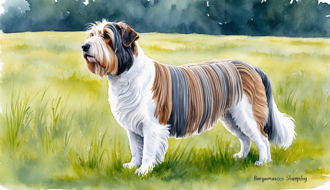 A male Bergamasco Sheepdog stands proudly in a grassy field, its long, corded coat flowing in the breeze as it gazes off into the distance