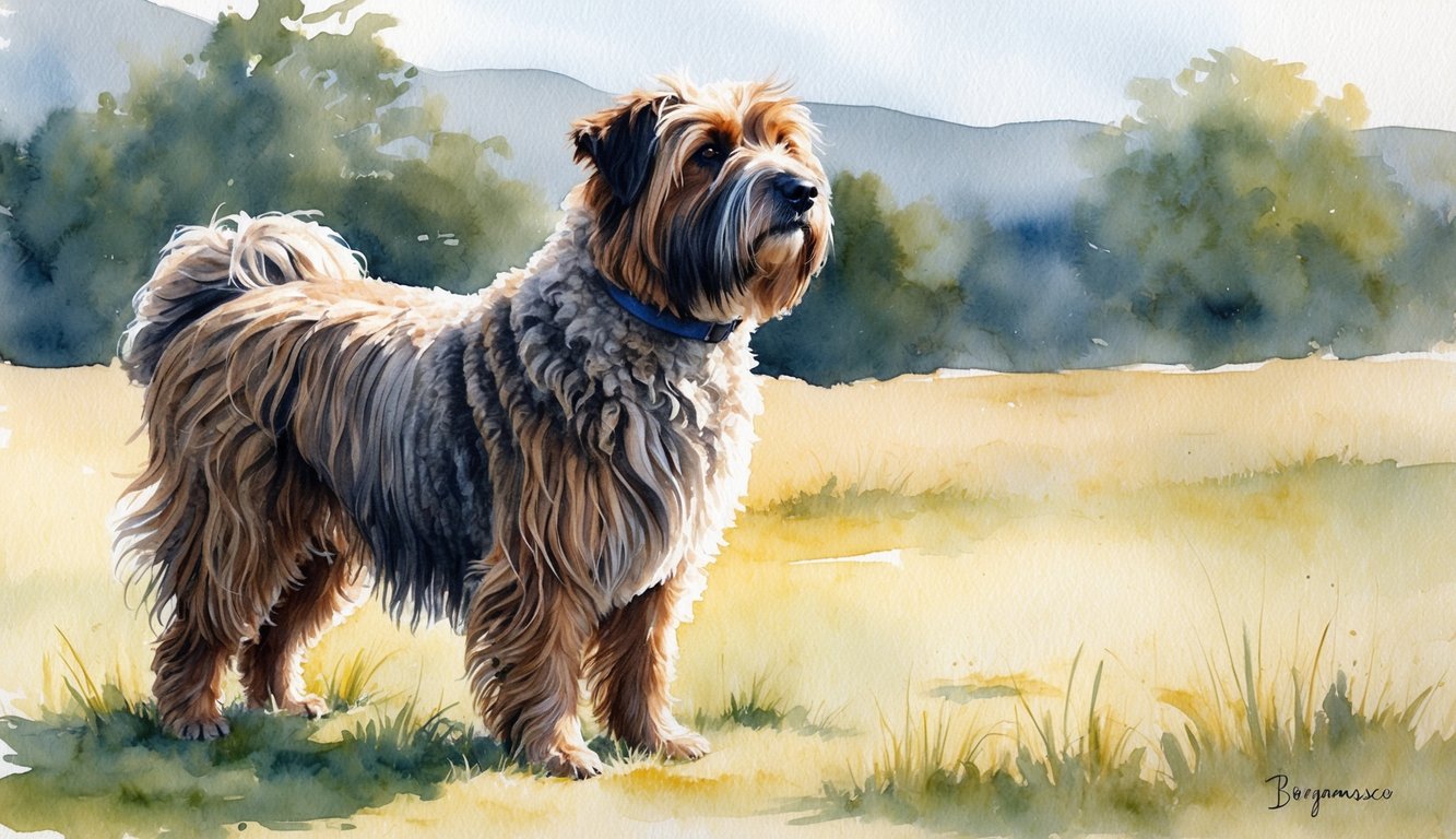 A female Bergamasco Sheepdog stands proudly, her thick, matted coat flowing in the breeze as she gazes off into the distance