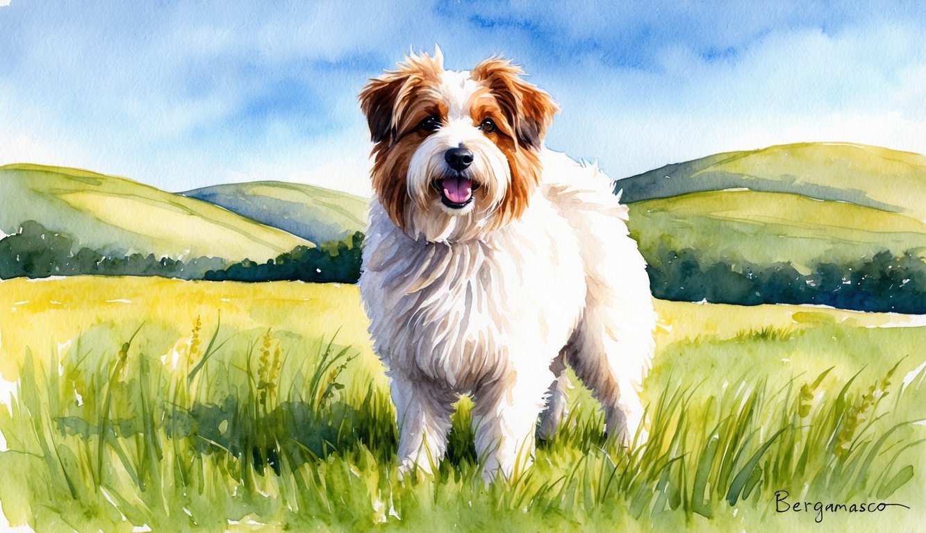 A fluffy Bergamasco Sheepdog stands proudly in a grassy field, surrounded by rolling hills and a clear blue sky