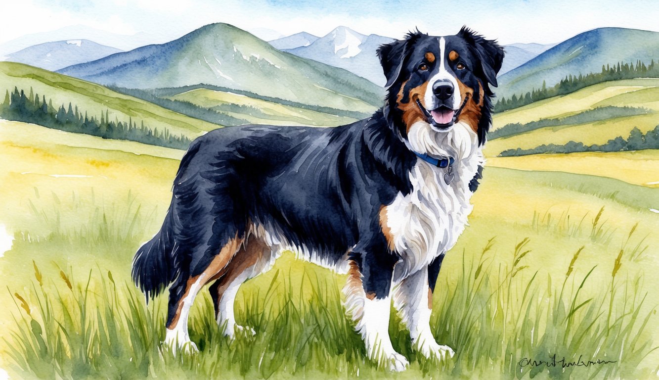 A Bernese Mountain Dog standing in a grassy field, surrounded by rolling hills and mountains in the background, with a friendly expression on its face