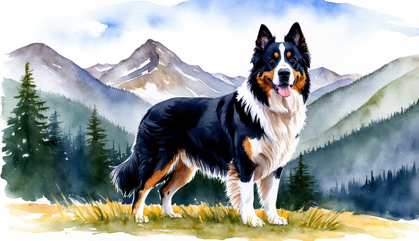 A Bernese Mountain Dog standing proudly in a mountainous landscape, with a majestic and regal expression on its face