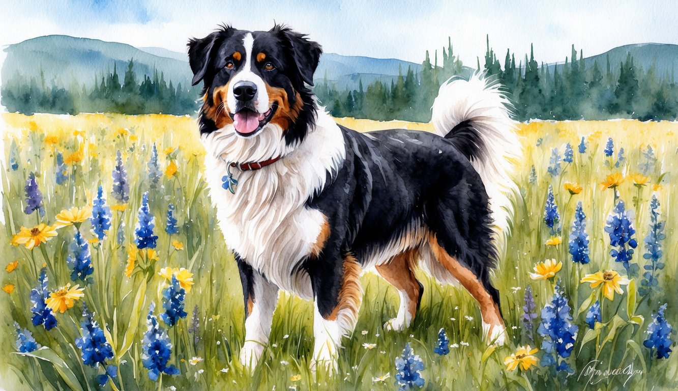 A male Bernese Mountain Dog stands proudly in a field of wildflowers, with a majestic