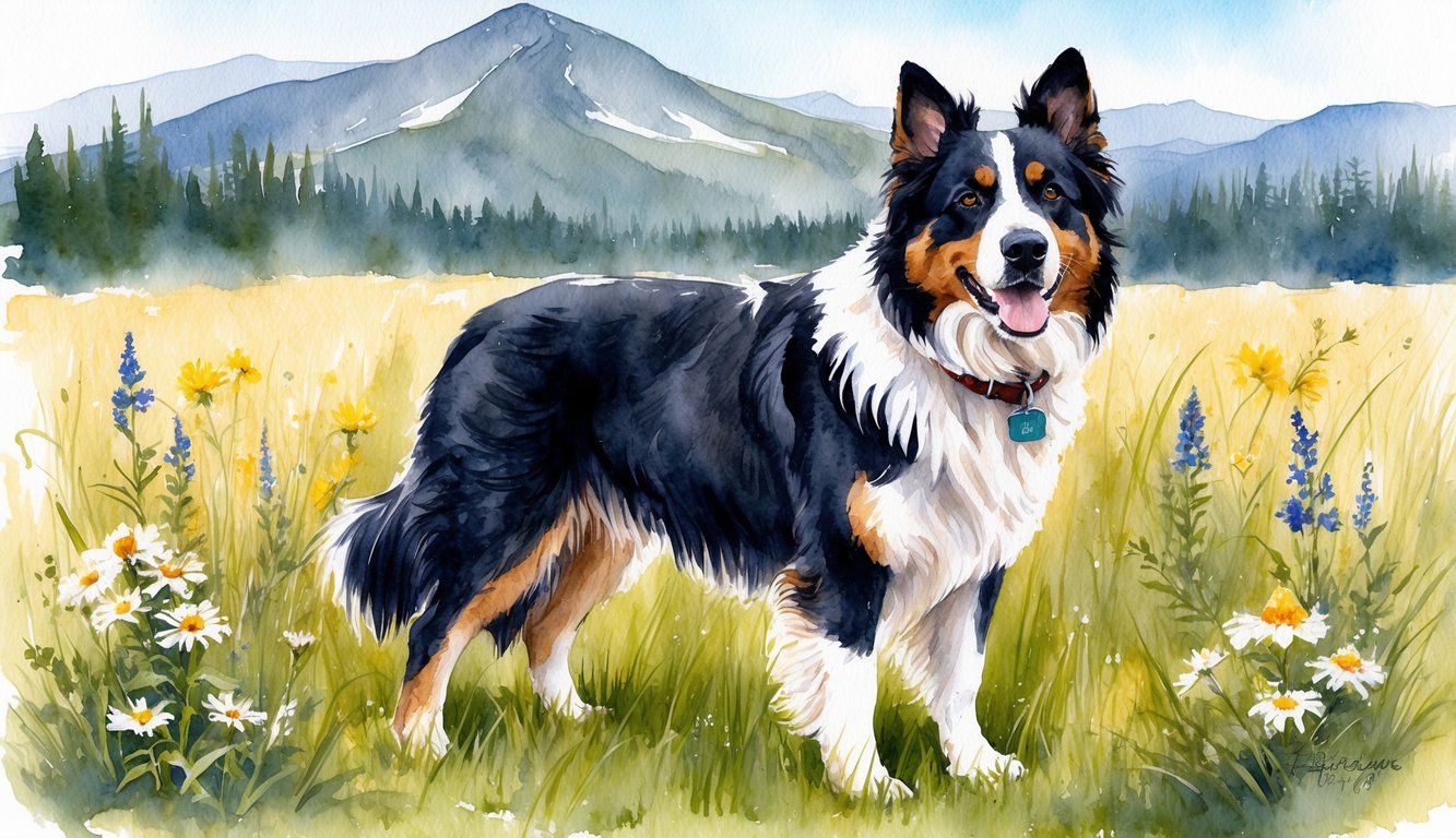 A female Bernese Mountain Dog standing in a grassy field, surrounded by wildflowers and a mountain backdrop