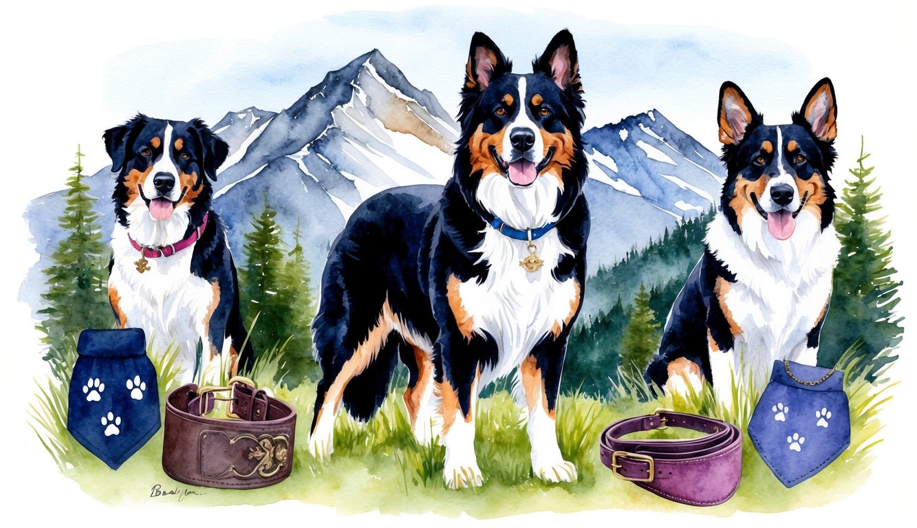 A Bernese Mountain Dog standing proudly with a mountainous backdrop, surrounded by a mix of male and female dog accessories