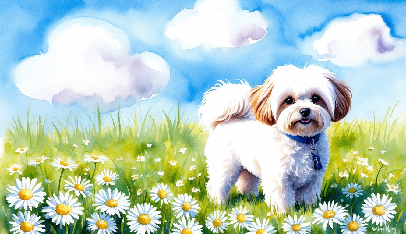 A fluffy Bichon Frise stands in a field of daisies, with a bright blue sky and fluffy white clouds in the background