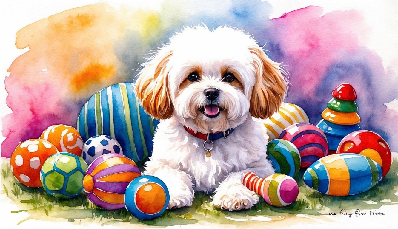 A fluffy Bichon Frise dog surrounded by a variety of colorful and playful dog toys