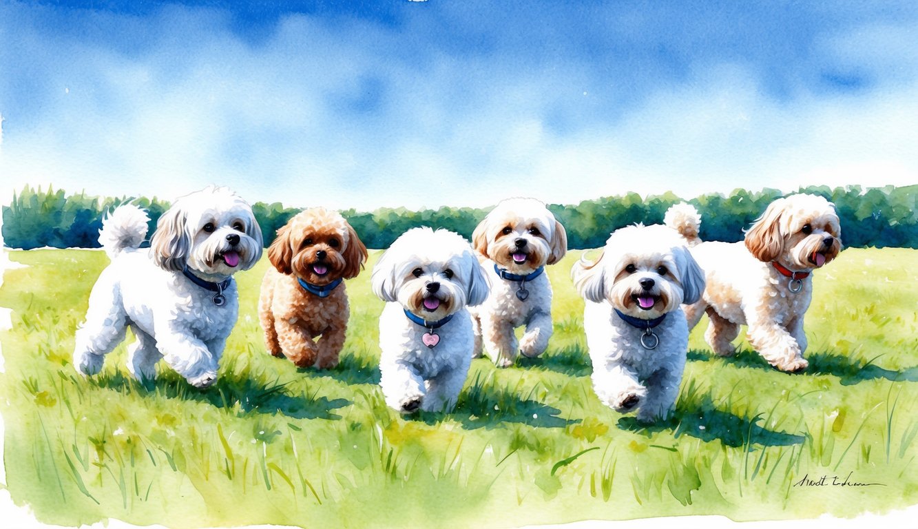 A group of Bichon Frise dogs of various colors and sizes playing in a grassy meadow under a clear blue sky