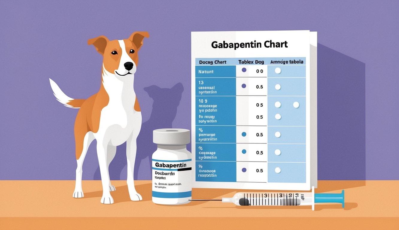 A dog standing next to a dosage chart with gabapentin tablets and a measuring syringe on a table