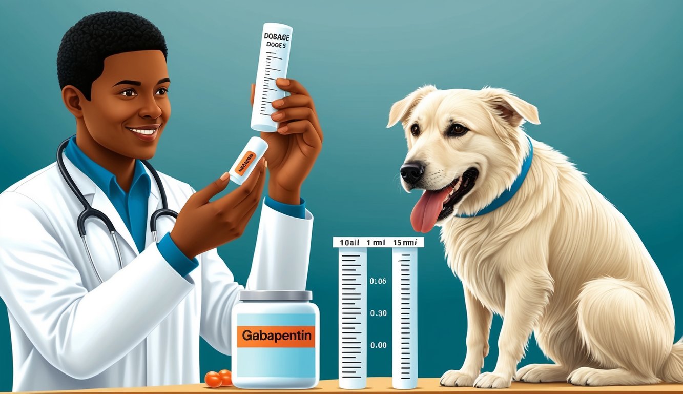 A veterinarian measuring out gabapentin for a dog using a dosage chart