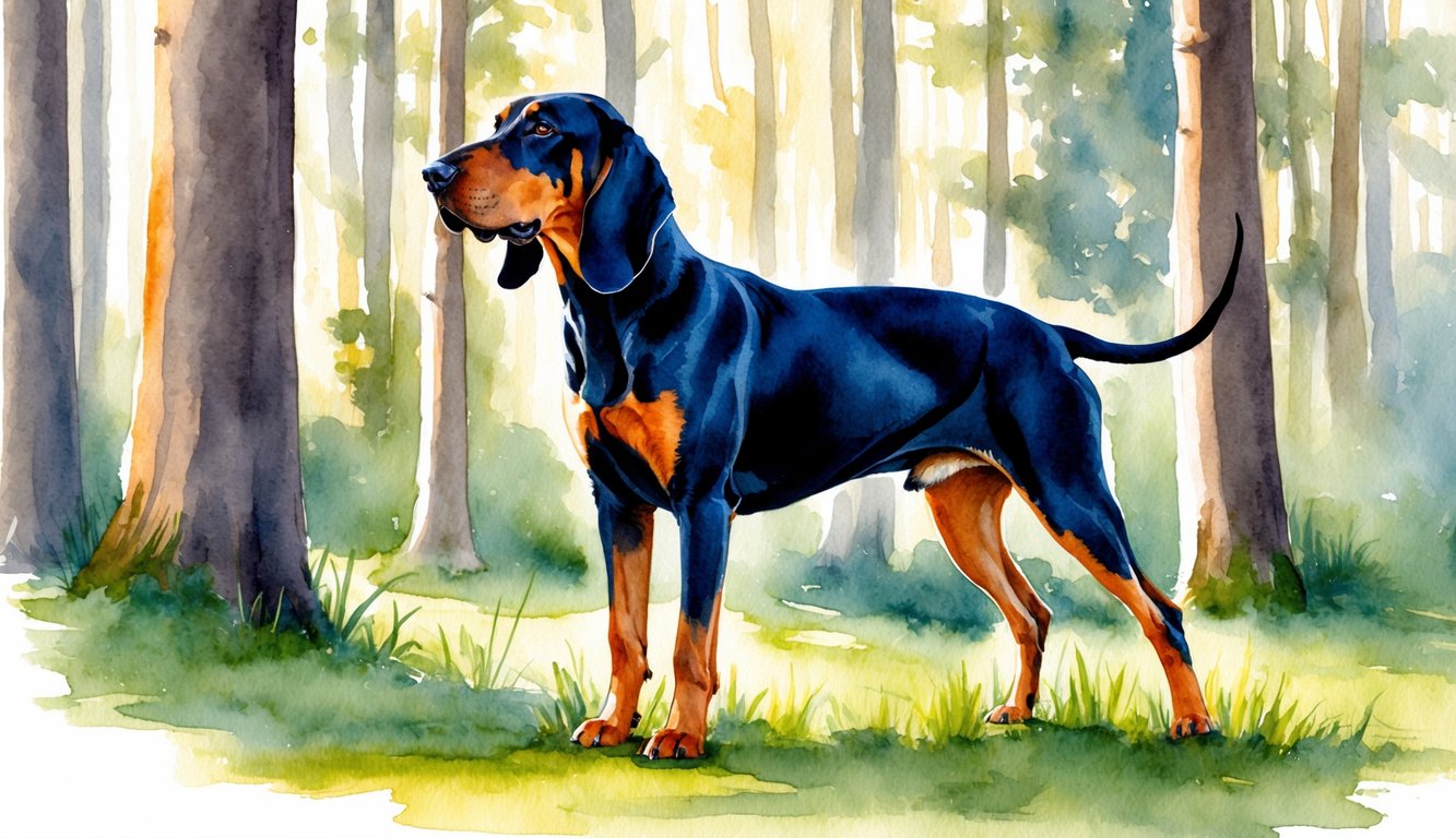 A Black and Tan Coonhound stands proudly amidst a forest, ears perked and tail wagging. The sun filters through the trees, casting a warm glow on the dog's sleek coat