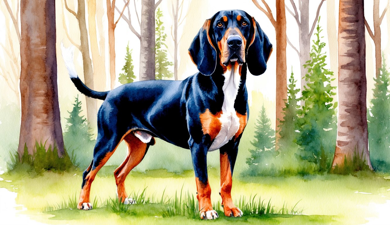 A Black and Tan Coonhound standing proudly with a forest backdrop, ears perked and tail wagging
