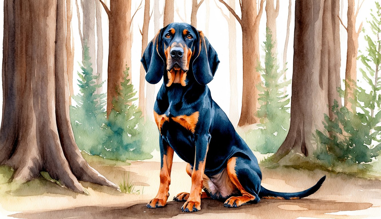 A regal Black and Tan Coonhound sitting proudly in a wooded forest setting, with its ears perked and nose lifted in