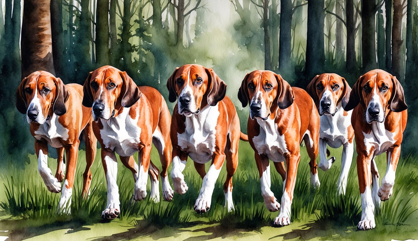 A pack of bloodhounds running through a dense forest, noses to the ground, with a mix of determination and curiosity in their eyes